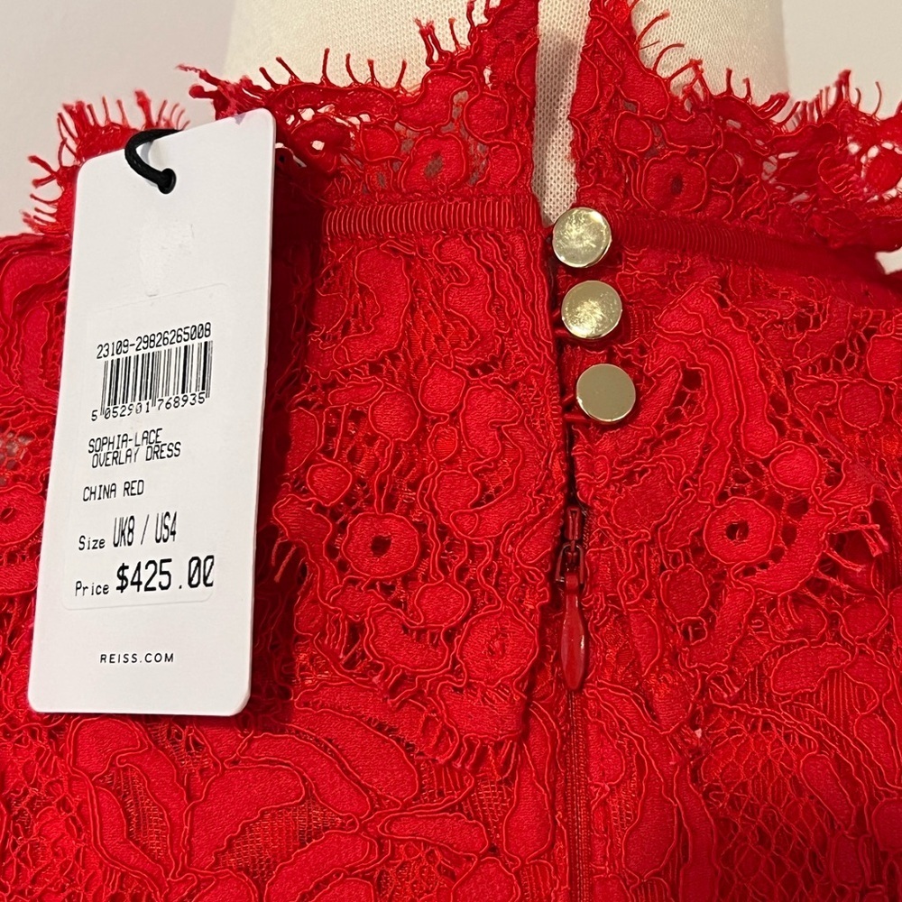 REISS Sophia Lace Overlay Dress China Red Tiered Size 4 NWT - Picture 9 of 11